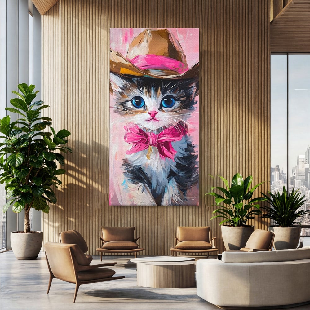 Tablou canvas cu tablou canvas cu pisicuta cowboy, fara rama, pe sasiu de lemn, pe perete intr-un birou